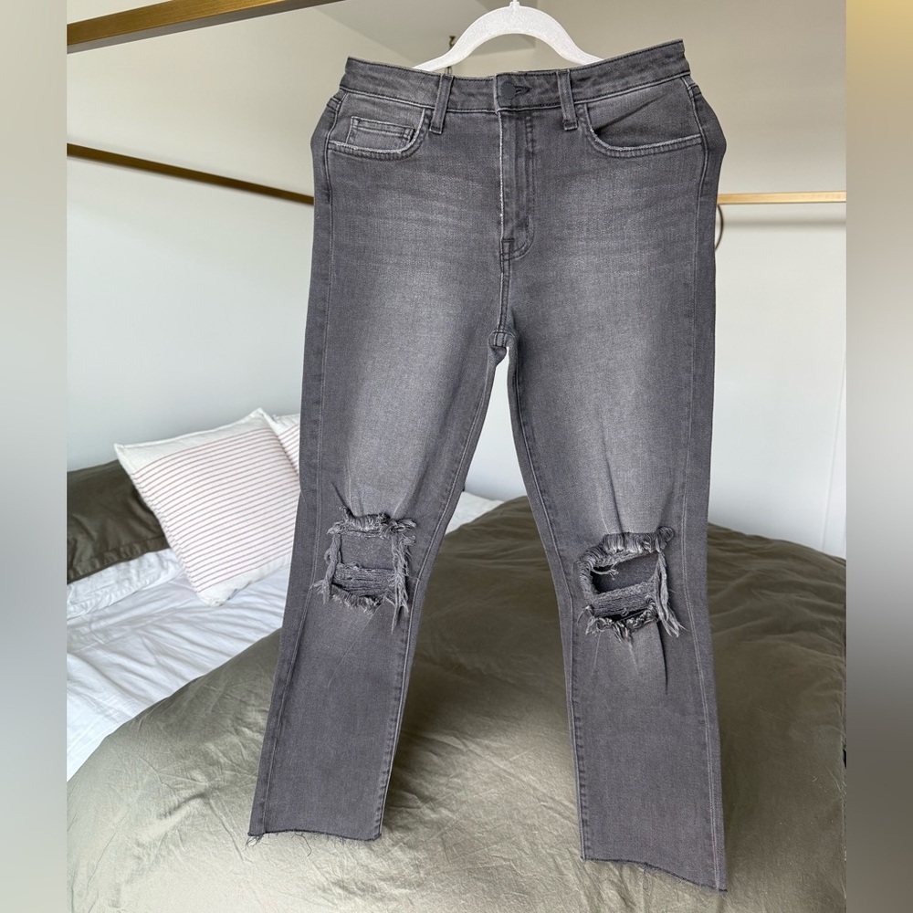 NWOT L’Agence Audrina Mid High Waist Jeans Ripped Knee Straight Leg Black Grey